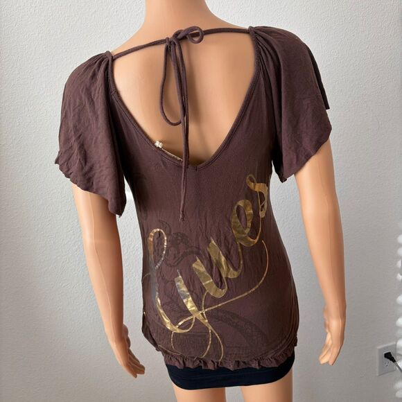 Vintage Guess Women's Top XS Dark Brown Bedazzled All Over Gold Foil Y2K 2000s - Picture 4 of 7